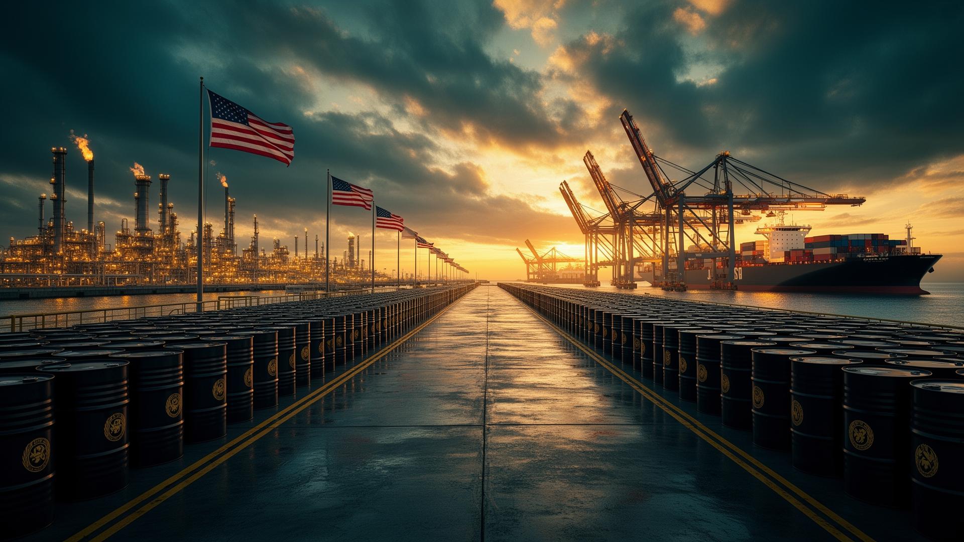 Golden Pass LNG export terminal at Sabine Pass, Texas with US flags and dramatic sunset
