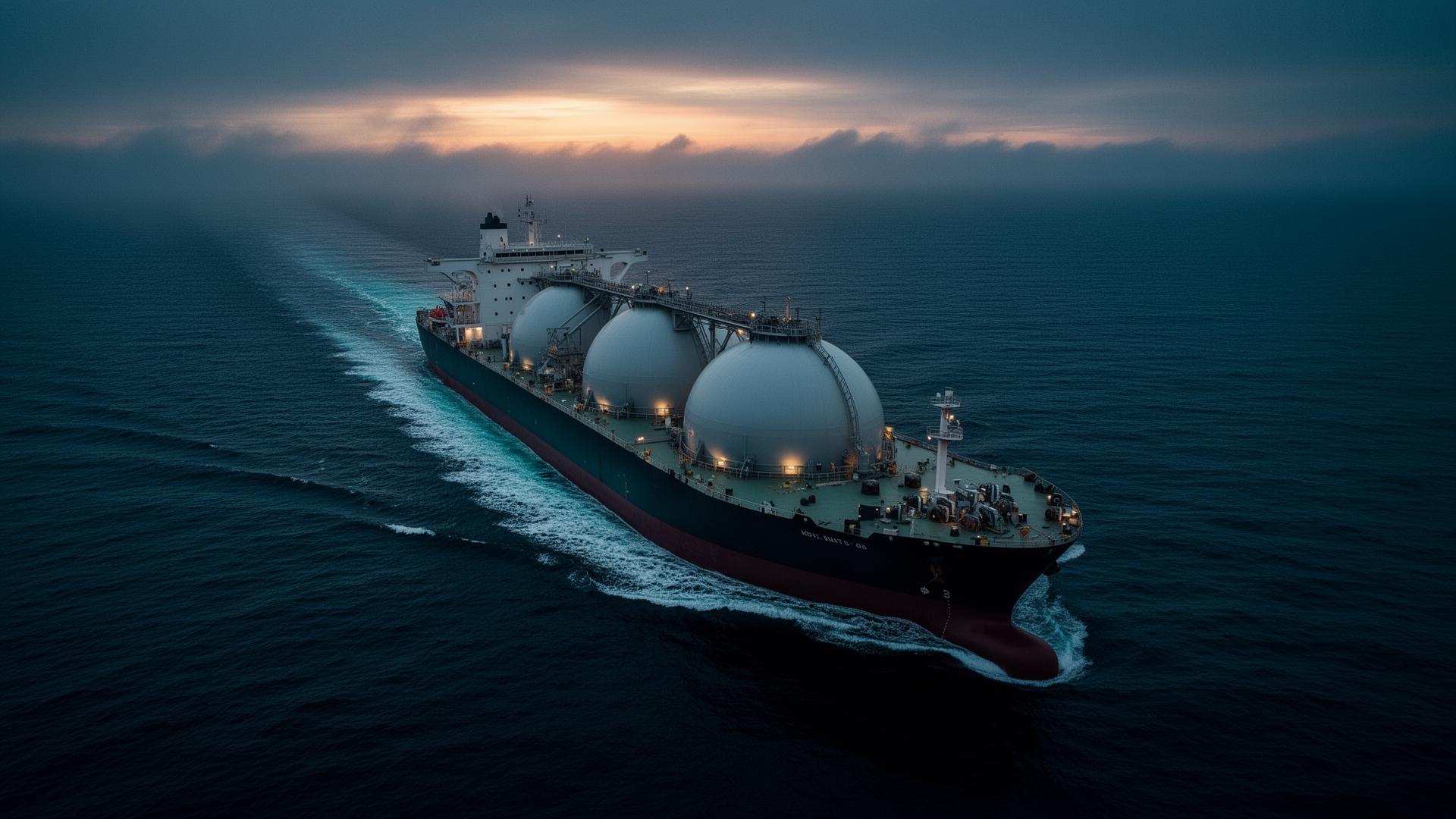 LNG carrier vessel with spherical cryogenic tanks crossing the Atlantic at dusk
